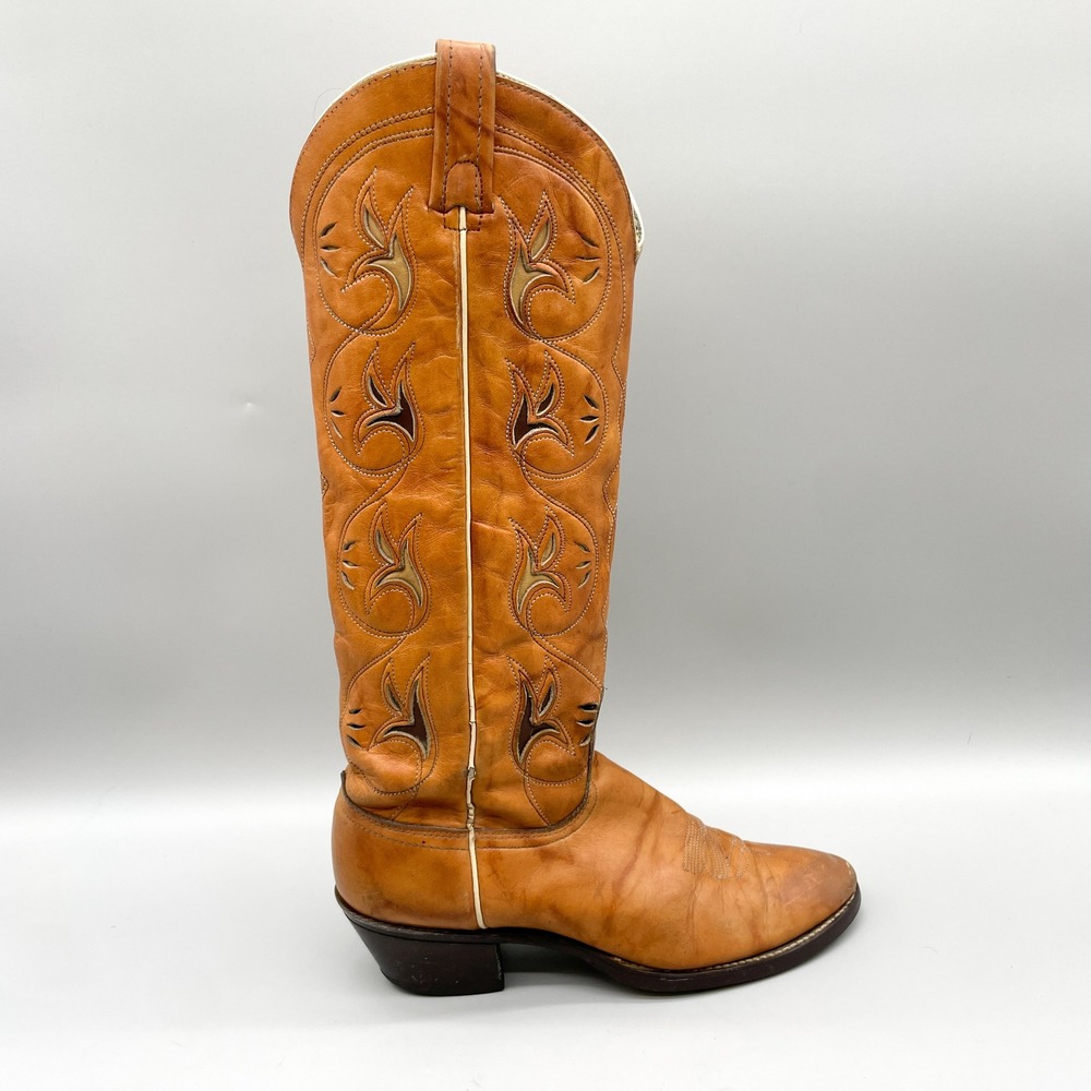 VTG Acme Womens 9 C Tan Leather Tall Floral Western Cowgirl Boots Rockabilly 70s